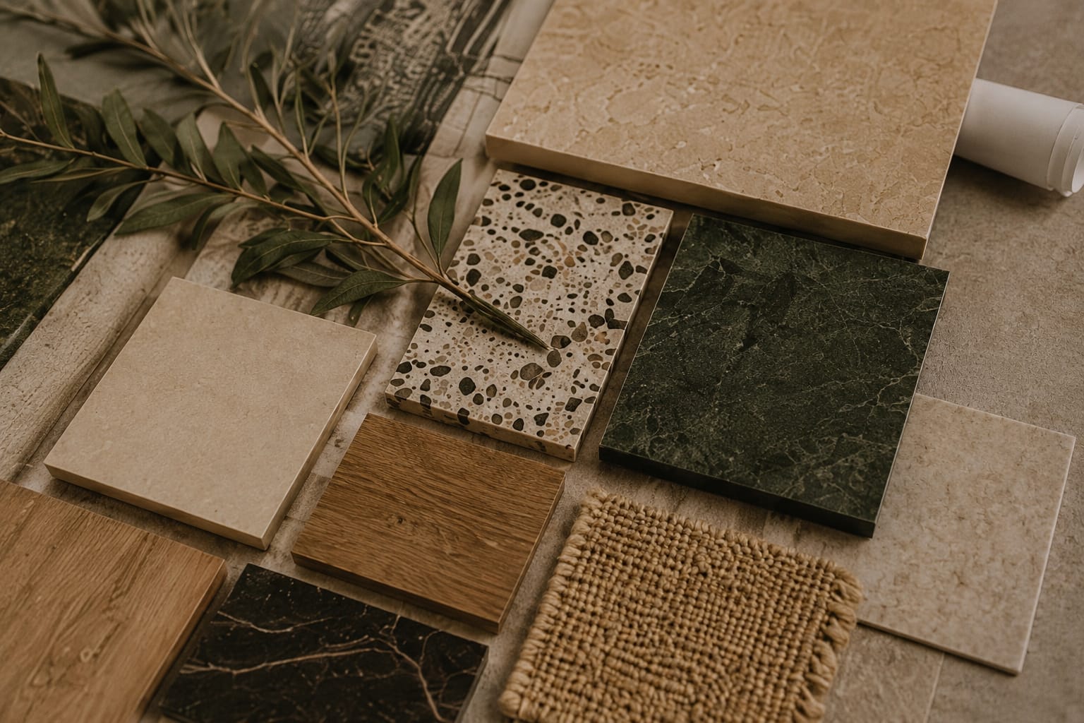Estudio_01 Moodboard con muestras de piedra natural de diferentes colores, textiles y maderas.