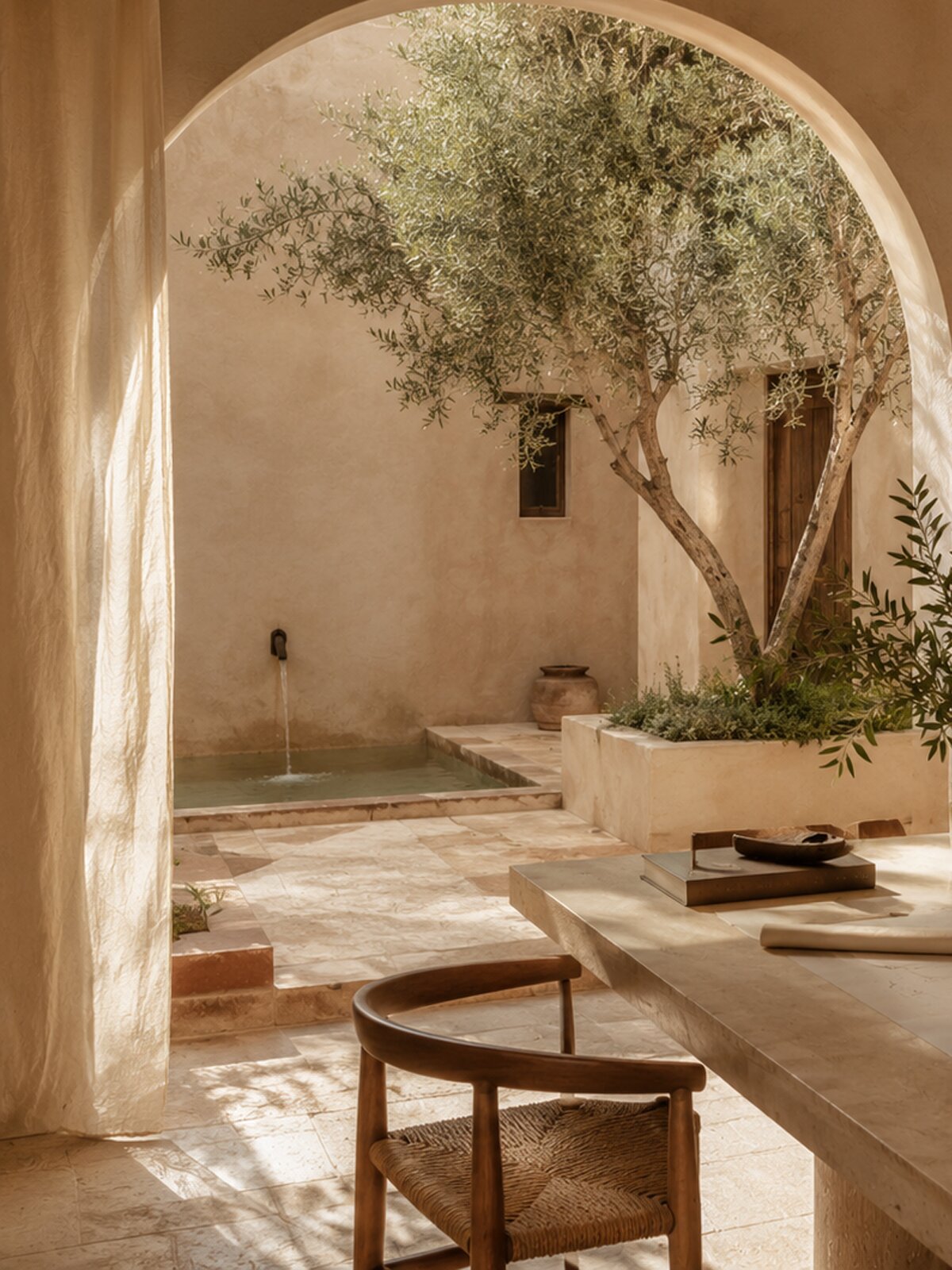 Vista interior de patio con fuente y chorro decorativo.